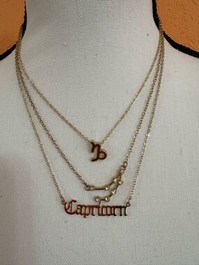 Gold Capricorn Layered Necklace with Zodiac Script and Constellation Bars